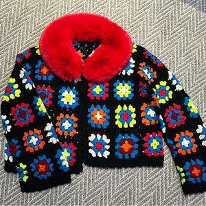 Alice & Olivia cardigan sweater. Size L, black, red, orange, blue